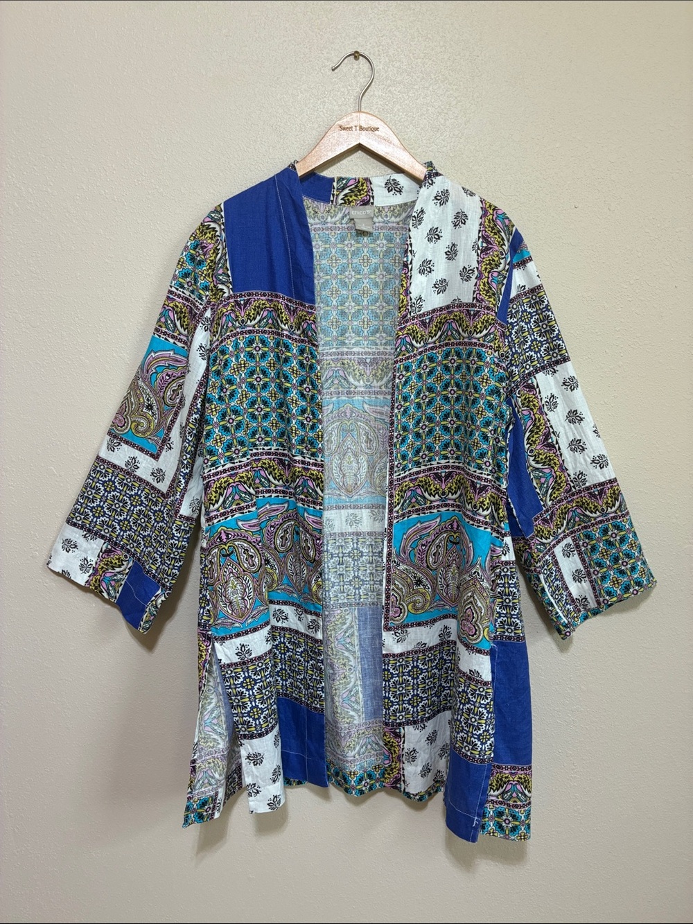 Chico's Size 3 US 16/18 Colorful Linen Open Front Duster Cardigan Beachy Boho